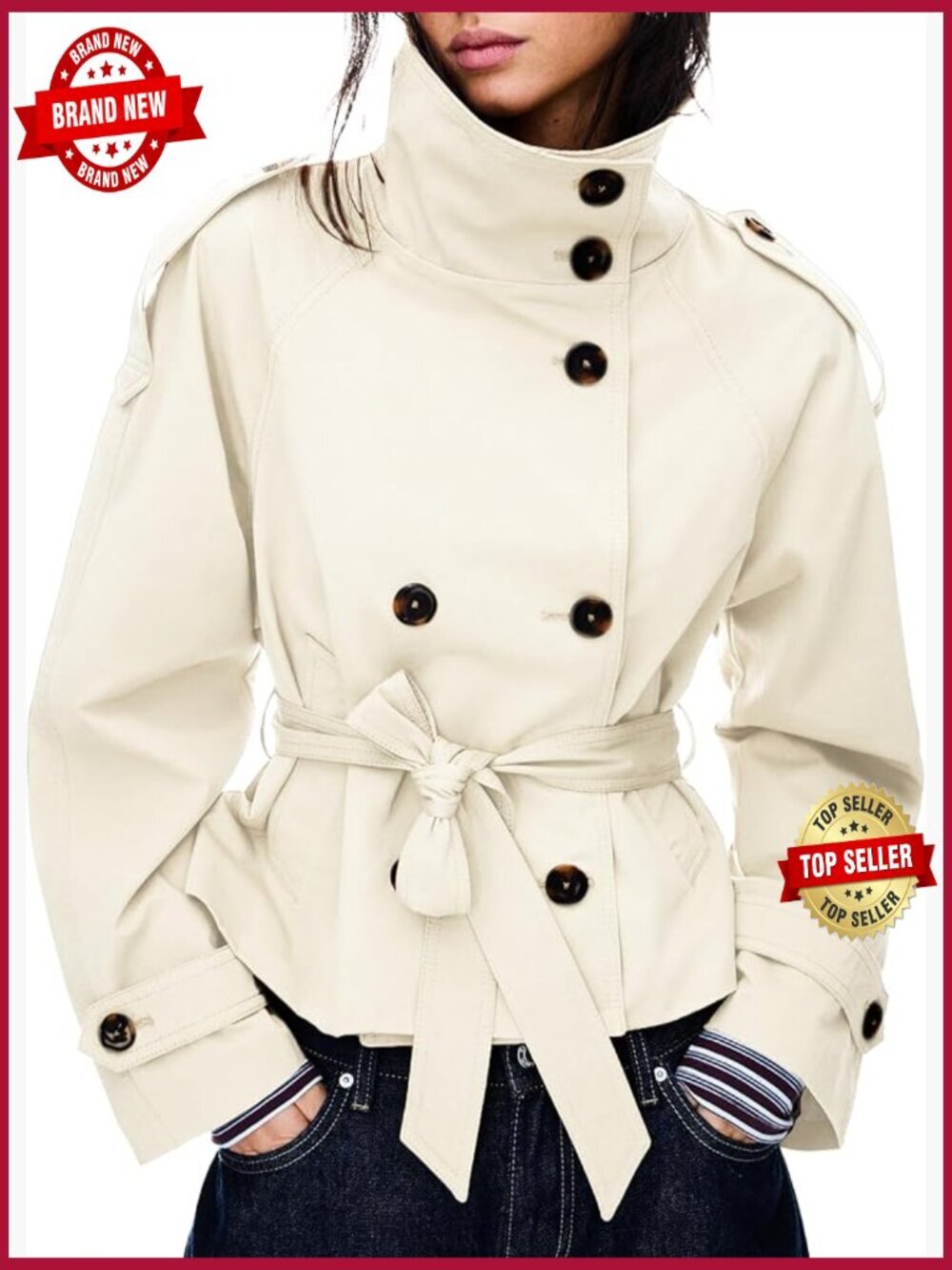 Cropped Double Breasted Trench Coat with Belt High Collar Fall Winter Jacket
